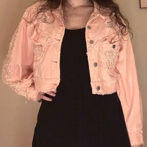 Peach-Pink Distressed Cropped Denim Jacket